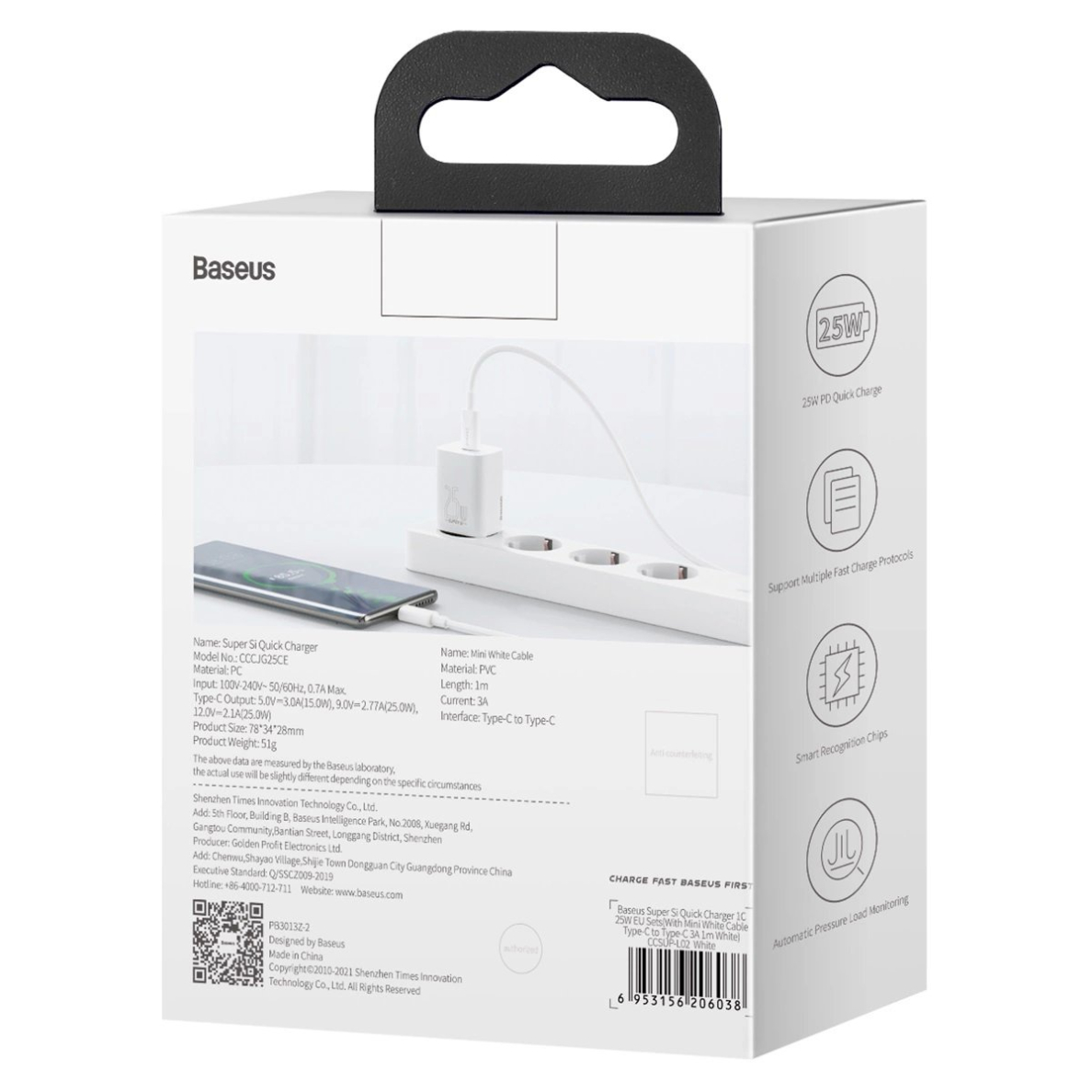 Baseus Si USB-C 25W 3A greitas įkroviklis su USB-C / USB-C 1 m kabeliu – baltas 5 Baseus Si USB-C 25W 3A greitas įkroviklis su USB-C / USB-C 1 m kabeliu – baltas 5