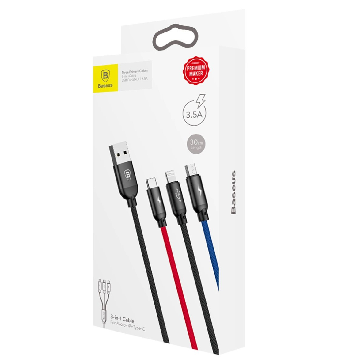 Baseus Three Primary Colors 3in1 USB-A - micro USB / Lightning / USB-C 3.5A Kabelis 0.3 m - Juodas 6 Baseus Three Primary Colors 3in1 USB-A - micro USB / Lightning / USB-C 3.5A Kabelis 0.3 m - Juodas 6