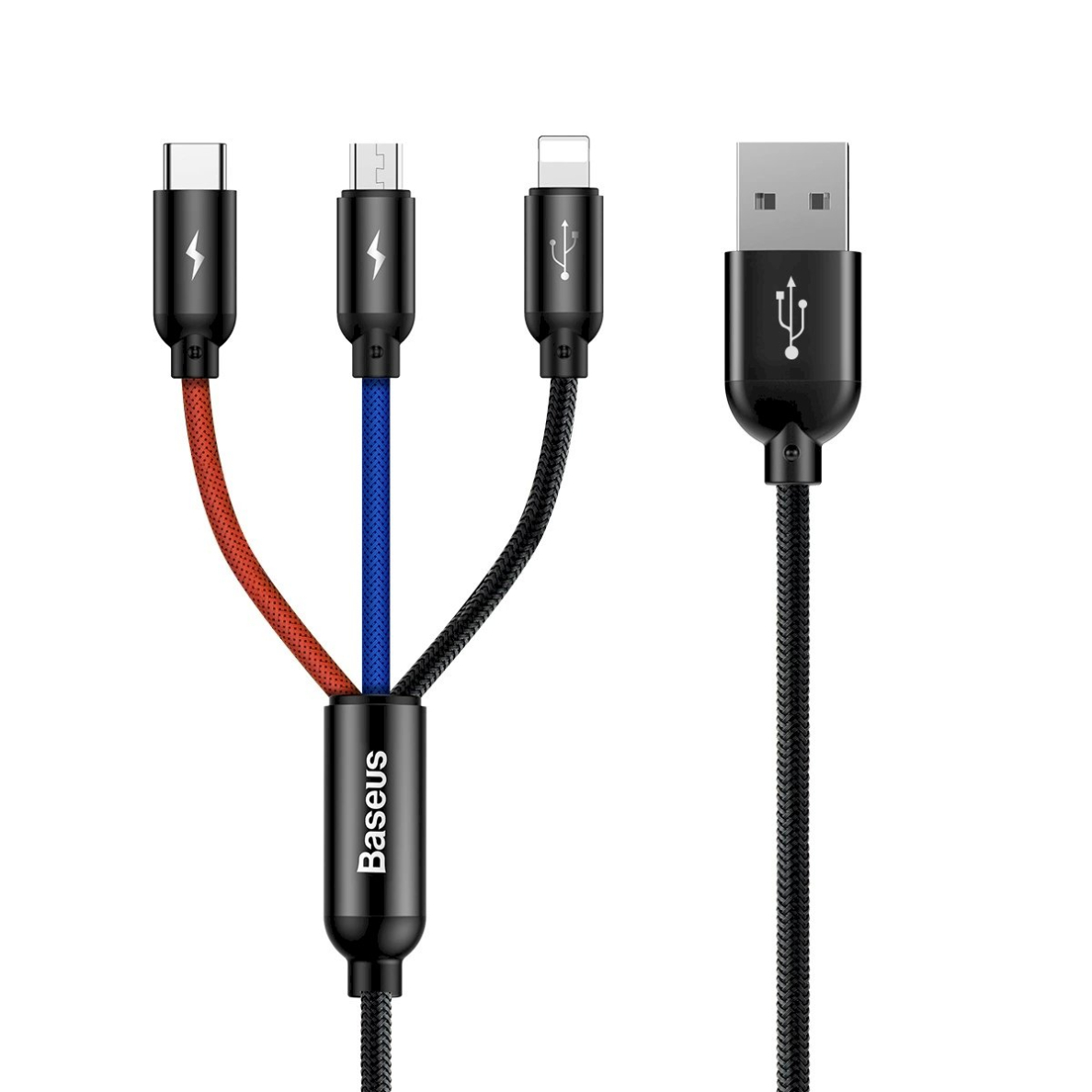 Baseus Three Primary Colors 3in1 USB-A - micro USB / Lightning / USB-C 3.5A Kabelis 0.3 m - Juodas Baseus Three Primary Colors 3in1 USB-A - micro USB / Lightning / USB-C 3.5A Kabelis 0.3 m - Juodas