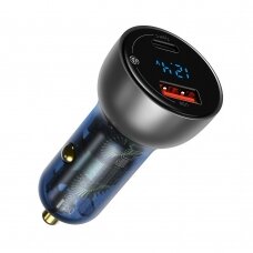 Automoblinis įkroviklis Baseus car charger USB / USB Type C 65 W 5 A SCP Quick Charge 4.0+ Power Delivery 3.0 LCD display + USB Typ C - USB Typ C permatomas UGLX912