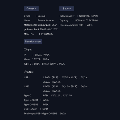 Baseus Adaman power bank with fast charging 20000mAh 22.5W + USB C 3A cable 0.3m black 19