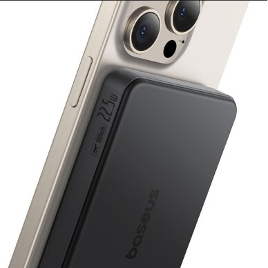 Išorinė baterija Baseus Airpow II 10000 mAh Qi2 su MagSafe 22.5 W ir Baseus Simple Series USB-C – USB-C 20 V/3 A (30 cm) kabeliu – juoda 3