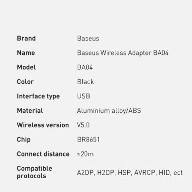 Adapteris Baseus BA04 mini Bluetooth 5.0 USB Juodas (ZJBA000001) 24