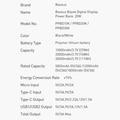 Baseus Bipow Fast Charging Power Bank 10000mAh 20W Black (Overseas Edition) + USB-A - Micro USB 0.25m Black Cable (PPBD050301) 17