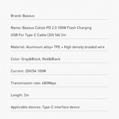 Baseus Cafule kabelis su nailoniniu pynimu USB Typ C PD Power Delivery 2.0 100W 20V 5A 2m juodas (CATKLF-AL91) 19
