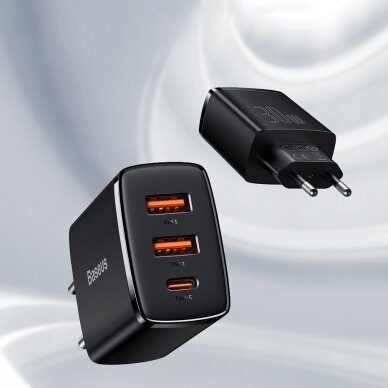 Kompaktinis Greitas Buitinis Įkroviklis Baseus Compact quick charger USB Type C / 2x USB 30W 3A Power Delivery Quick Charge Juodas (CCXJ-E01) 11