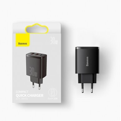Kompaktinis Greitas Buitinis Įkroviklis Baseus Compact quick charger USB Type C / 2x USB 30W 3A Power Delivery Quick Charge Juodas (CCXJ-E01) 18