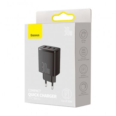 Kompaktinis Greitas Buitinis Įkroviklis Baseus Compact quick charger USB Type C / 2x USB 30W 3A Power Delivery Quick Charge Juodas (CCXJ-E01) 4