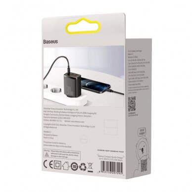 Kompaktinis Greitas Buitinis Įkroviklis Baseus Compact quick charger USB Type C / 2x USB 30W 3A Power Delivery Quick Charge Juodas (CCXJ-E01) 5