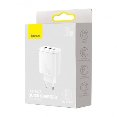 Kompaktinis Greitas Buitinis Įkroviklis Baseus Compact quick charger USB Type C / 2x USB 30W 3A Power Delivery Quick Charge Baltas (CCXJ-E02) 4