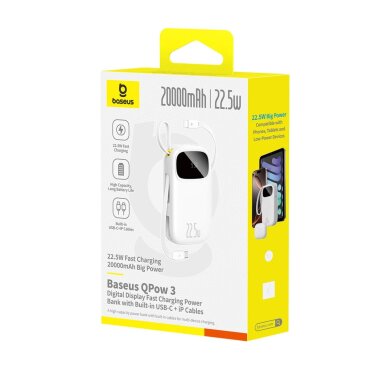 Išorinė baterija Baseus EnerFill FC31 20000 mAh 22.5 W su ekranu ir 2 integruotais laidais (USB-C + Lightning) – balta 3