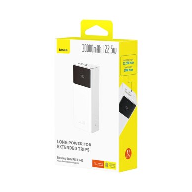 Išorinė baterija Baseus EnerFill FP41 30000 mAh 22.5 W su Baseus Simple USB-A – USB-C 3 A 30 cm kabeliu – balta 6