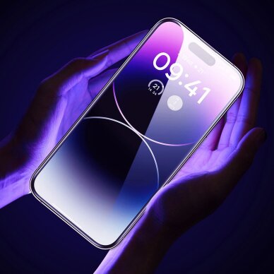 iPhone 14 Pro Max Baseus Full Screen 0.3 mm grūdintas stiklas su garsiakalbio apsauga ir montavimo rėmeliu 8