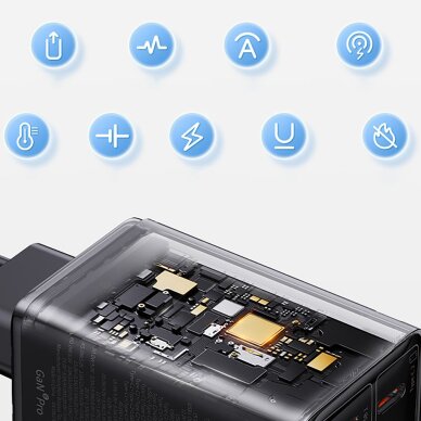 Sieninis įkroviklis Baseus GaN6 Pro 65 W 2 × USB-C + 2 × USB-A su juodu USB-C 100 W 1 m kabeliu – juodas 14