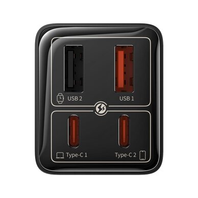 Sieninis įkroviklis Baseus GaN6 Pro 65 W 2 × USB-C + 2 × USB-A su juodu USB-C 100 W 1 m kabeliu – juodas 4