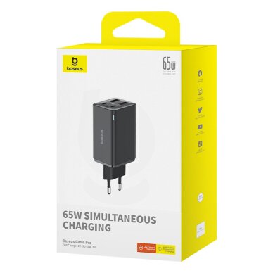 Sieninis įkroviklis Baseus GaN6 Pro 65 W 2 × USB-C + 2 × USB-A su juodu USB-C 100 W 1 m kabeliu – juodas 9