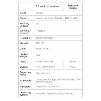 Akcija! Baseus Lite Series plug adapter HDMI to VGA + mini jack 3.5mm / micro USB power supply Juodas (WKQX010101)  26