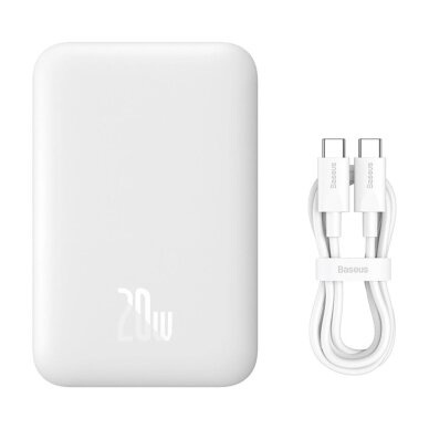 Išorinė baterija Baseus Magnetic Mini Air PPCXM06A 6000 mAh 20 W su Simple Series USB-C kabeliu – balta Išorinė baterija Baseus Magnetic Mini Air PPCXM06A 6000 mAh 20 W su Simple Series USB-C kabeliu – balta