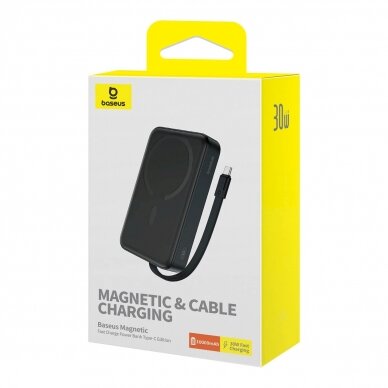 Baseus Magnetic Mini MagSafe 10000mAh 30W powerbankbuilt-in USB-C Kabelis - Juodas + Baseus Simple Series USB-C - USB-C 60W 0.3m Kabelis 3