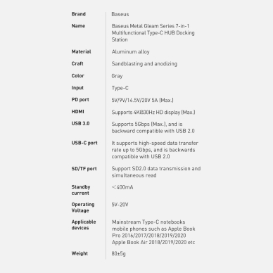 Jungčių Daugiklis Baseus Metal Gleam Series 7-in-1 multifunctional type-C HUB docking station HDMI TF cards PD Pilkas (WKWG020113) UGLX912 23 Jungčių Daugiklis Baseus Metal Gleam Series 7-in-1 multifunctional type-C HUB docking station HDMI TF cards PD Pilkas (WKWG020113) UGLX912 23
