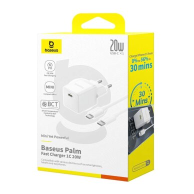 Sieninis įkroviklis Baseus Palm 1C 20 W su Baseus Mini White USB-C 60 W (20 V/3 A) 1 m kabeliu – baltas 8 Sieninis įkroviklis Baseus Palm 1C 20 W su Baseus Mini White USB-C 60 W (20 V/3 A) 1 m kabeliu – baltas 8