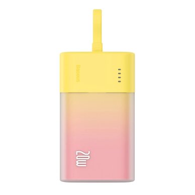 Išorinė baterija Baseus Popsicle 5200 mAh 20 W su integruotu Lightning kabeliu (+ baltas Baseus Simple USB-C – USB-C 60 W 20 V/3 A 30 cm kabelis) – geltona / rožinė Išorinė baterija Baseus Popsicle 5200 mAh 20 W su integruotu Lightning kabeliu (+ baltas Baseus Simple USB-C – USB-C 60 W 20 V/3 A 30 cm kabelis) – geltona / rožinė