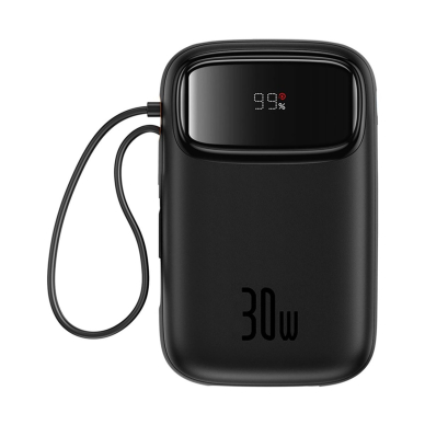 Baseus QPow 2 30W 10000mAh Power Bank su integruotu USB-C kabeliu – juodas