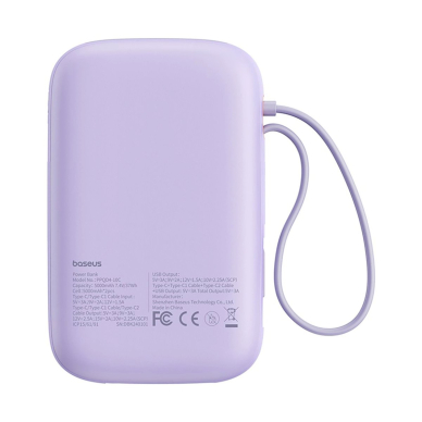 Baseus QPow 2 30W 10000mAh Power Bank su integruotu USB-C kabeliu – violetinis