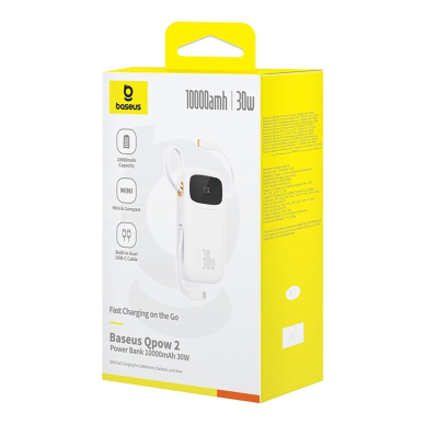 Baseus QPow 2 30W 10000mAh Power Bank su integruotu USB-C kabeliu – baltas 5
