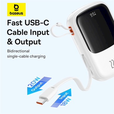 Baseus Qpow Pro+ 20000mAh 22.5W Power Bank su integruotu USB-C kabeliu, su ekranu – baltas 10