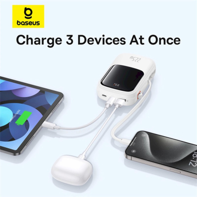 Baseus Qpow Pro+ 20000mAh 22.5W Power Bank su integruotu USB-C kabeliu, su ekranu – baltas 12