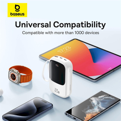 Baseus Qpow Pro+ 20000mAh 22.5W Power Bank su integruotu USB-C kabeliu, su ekranu – baltas 14