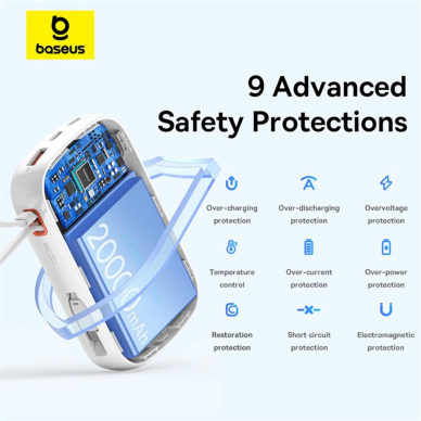 Baseus Qpow Pro+ 20000mAh 22.5W Power Bank su integruotu USB-C kabeliu, su ekranu – baltas 15