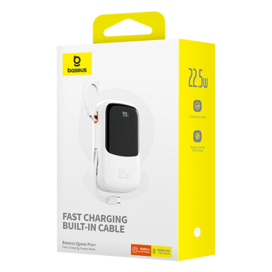 Baseus Qpow Pro+ 20000mAh 22.5W Power Bank su integruotu USB-C kabeliu, su ekranu – baltas 6