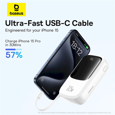 Baseus Qpow Pro+ 20000mAh 22.5W Power Bank su integruotu USB-C kabeliu, su ekranu – baltas 8