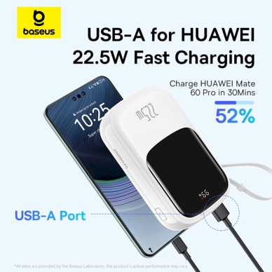 Baseus Qpow Pro+ 20000mAh 22.5W Power Bank su integruotu USB-C kabeliu, su ekranu – baltas 9