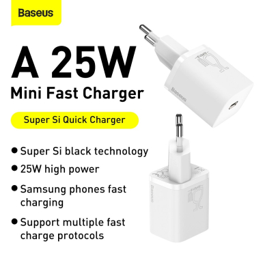 Baseus Si USB-C 25W 3A greitas įkroviklis su USB-C / USB-C 1 m kabeliu – baltas 12