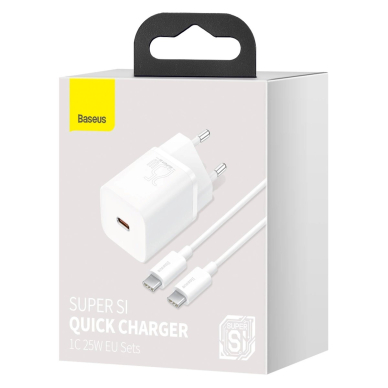 Baseus Si USB-C 25W 3A greitas įkroviklis su USB-C / USB-C 1 m kabeliu – baltas 4