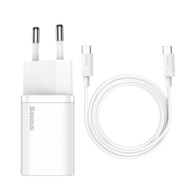 Baseus Si USB-C 25W 3A greitas įkroviklis su USB-C / USB-C 1 m kabeliu – baltas