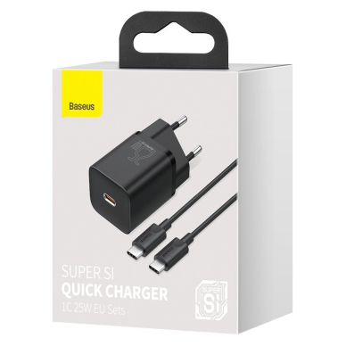 Baseus Super Si Quick Charger 1C 25W EU Sets Black + Mini Black Cable Type-C to Type-C 3A 1m (TZCCSUP-L01) 4 Baseus Super Si Quick Charger 1C 25W EU Sets Black + Mini Black Cable Type-C to Type-C 3A 1m (TZCCSUP-L01) 4