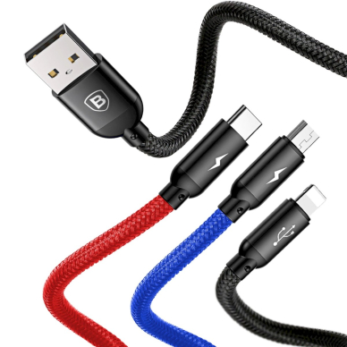 Baseus Three Primary Colors 3in1 USB-A - micro USB / Lightning / USB-C 3.5A Kabelis 0.3 m - Juodas 4 Baseus Three Primary Colors 3in1 USB-A - micro USB / Lightning / USB-C 3.5A Kabelis 0.3 m - Juodas 4