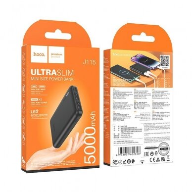 [Užsakomoji prekė] Išorinė baterija powerbank 2x USB, Type-C, Micro-USB, 5000mAh - Hoco Journey (J115) - Juoda 4