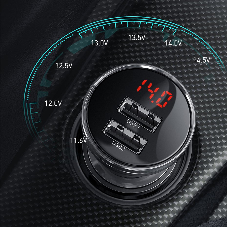 Autombilinis Įkroviklis Baseus Digital Display Dual USB 4.8A Car Charger 24W pilkas 8