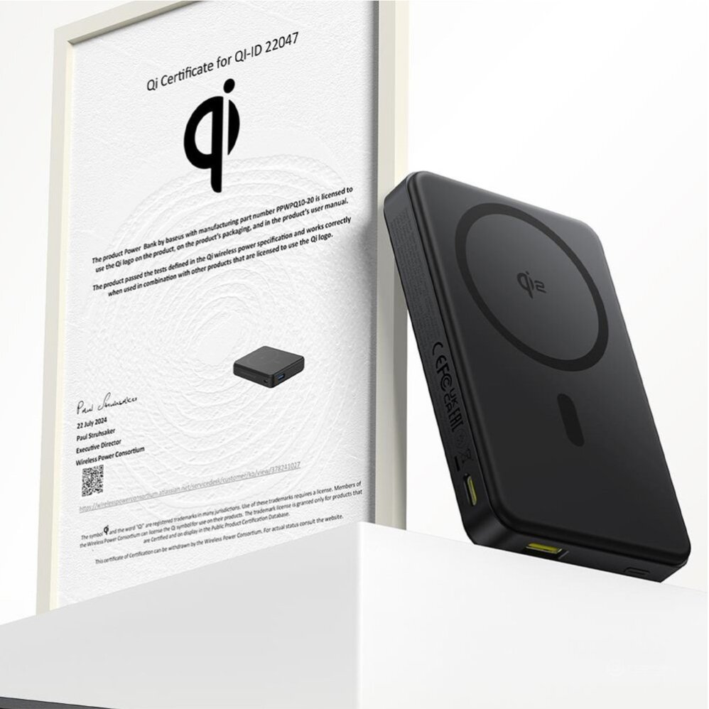 Išorinė baterija Baseus Airpow II 10000 mAh Qi2 su MagSafe 22.5 W ir Baseus Simple Series USB-C – USB-C 20 V/3 A (30 cm) kabeliu – juoda 1