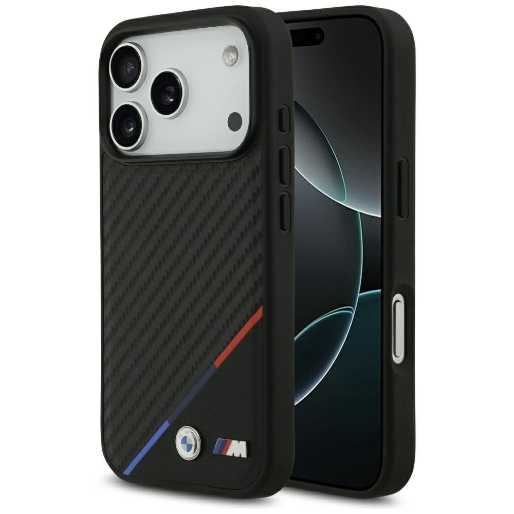 iPhone 17 Pro BMW M Carbon Tricolor Line MagSafe dėklas – juodas iPhone 17 Pro BMW M Carbon Tricolor Line MagSafe dėklas – juodas