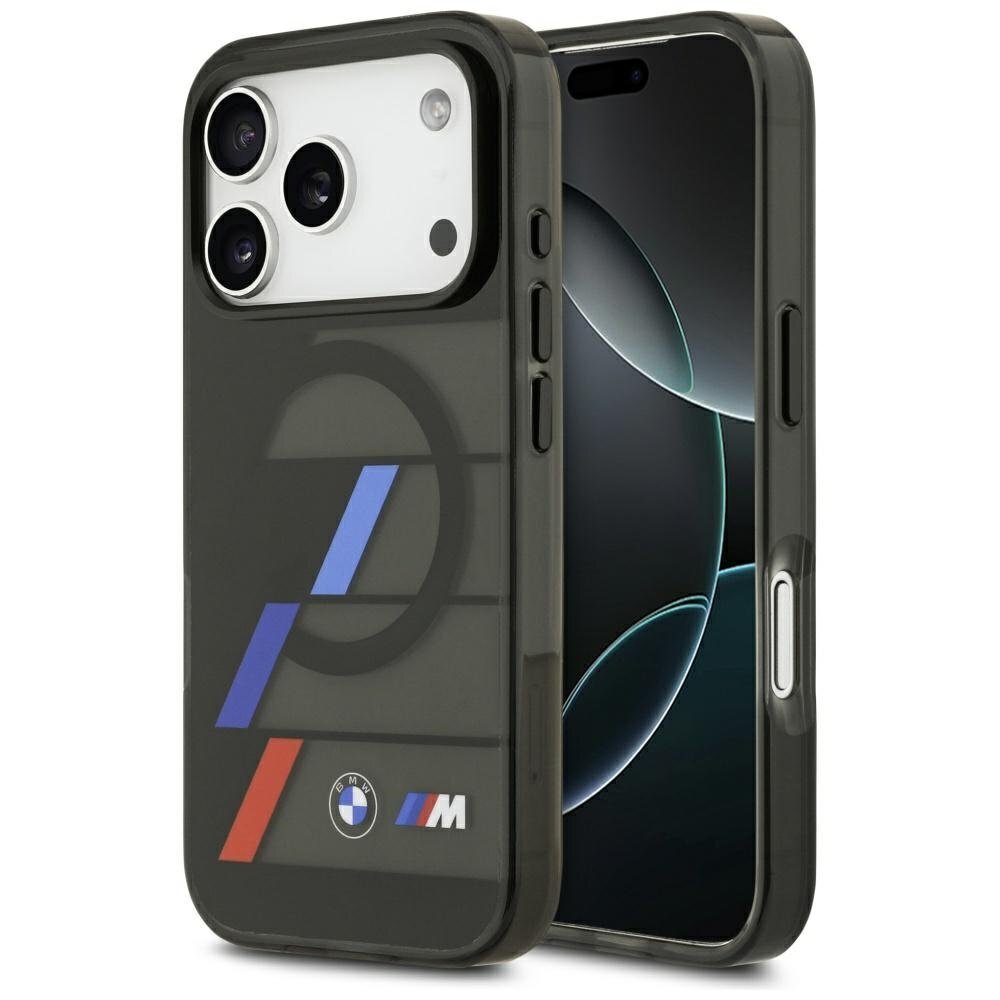 iPhone 17 Pro BMW M IML Metal Buttons Tricolor Lines MagSafe dėklas – juodas iPhone 17 Pro BMW M IML Metal Buttons Tricolor Lines MagSafe dėklas – juodas