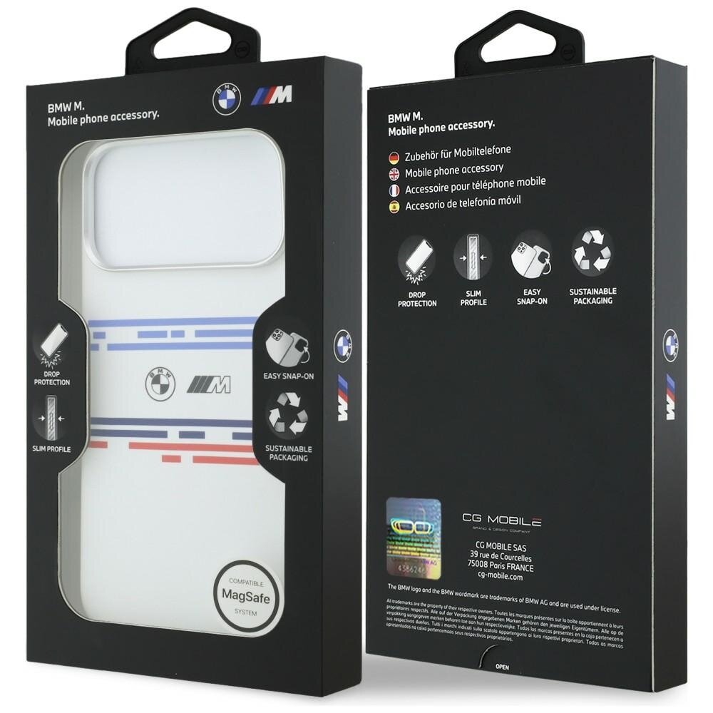 iPhone 17 Pro Max BMW M silikoninis MagSafe dėklas su horizontalia linija – baltas 7