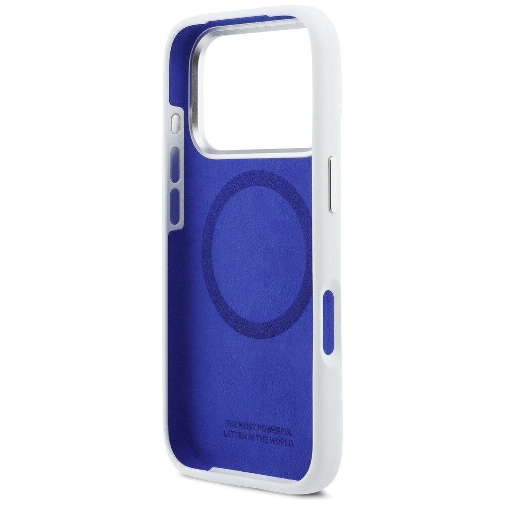 iPhone 17 Pro BMW M silikoninis MagSafe dėklas su horizontalia linija – baltas 6
