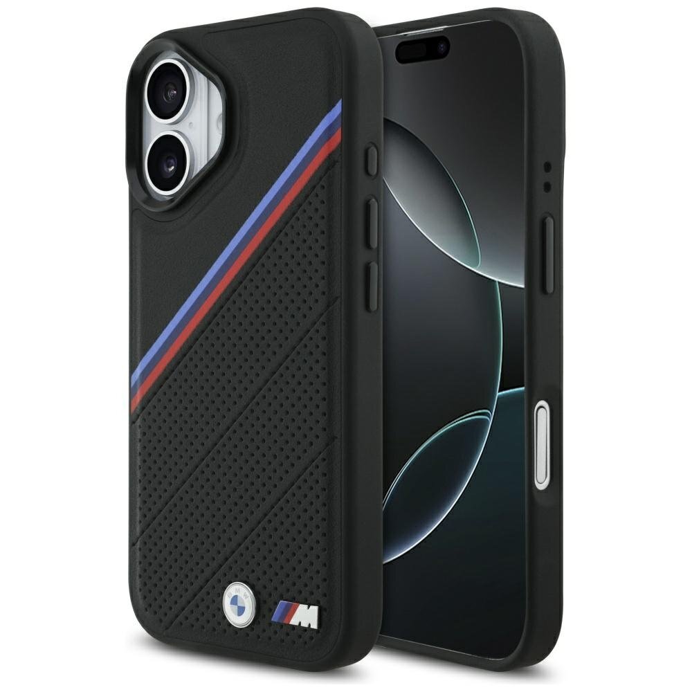 iPhone 17 dėklas BMW M Tricolor Metal Logo, MagSafe – juodas iPhone 17 dėklas BMW M Tricolor Metal Logo, MagSafe – juodas