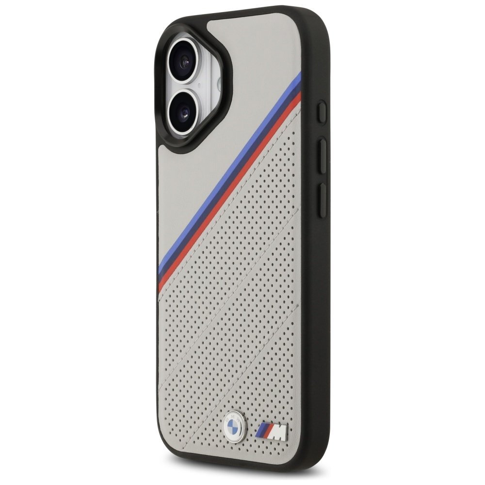 iPhone 17 dėklas BMW M Tricolor Metal Logo, MagSafe – pilkas 1